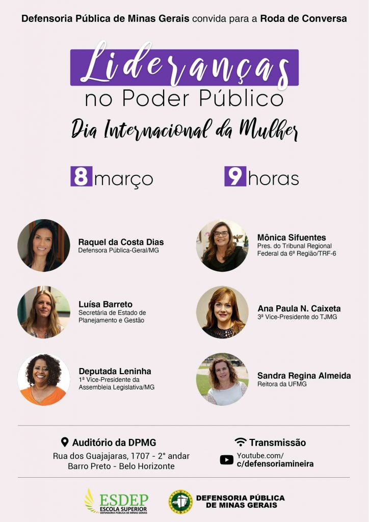 Imagem vertical colorida com mini fotos de várias mulheres com texto convidando para uma Roda de Conversa no dia 8 de março.