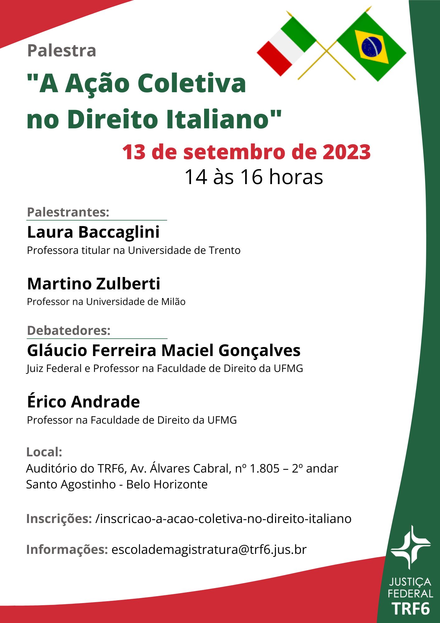 Imagem vertical colorida com a divulgação da Escola da Magistratura do TRF6 para a palestra "A Ação Coletiva no Direito Italiano", dia 13 de setembro de 2023.