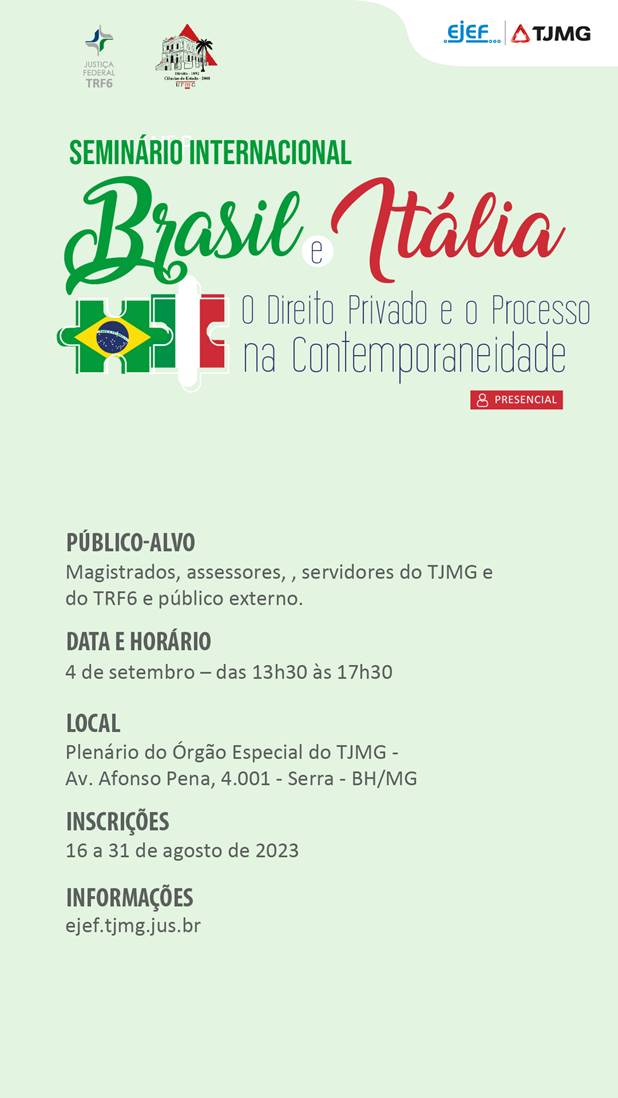 Imagem colorida para divulgação do Seminário Internacional Brasil e Itália: o direito privado e o processo na contemporaneidade - Presencial.