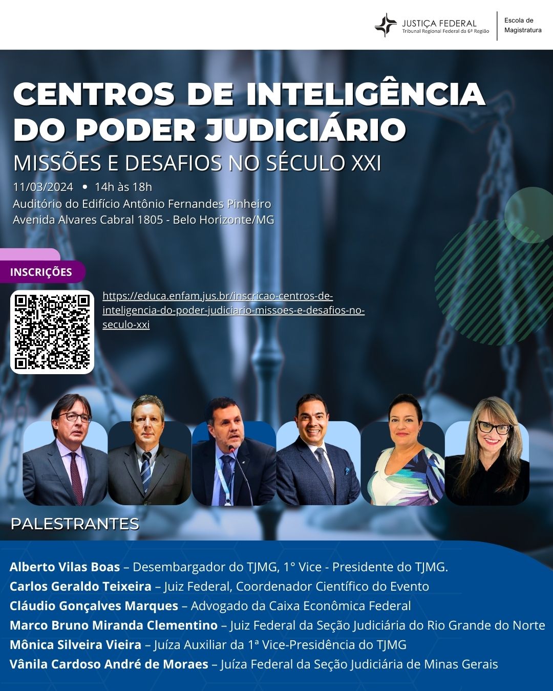 Imagem colorida de divulgação da Palestra "Centros de Inteligência do Poder Judiciário - Missões e Desafios no Século XXI".