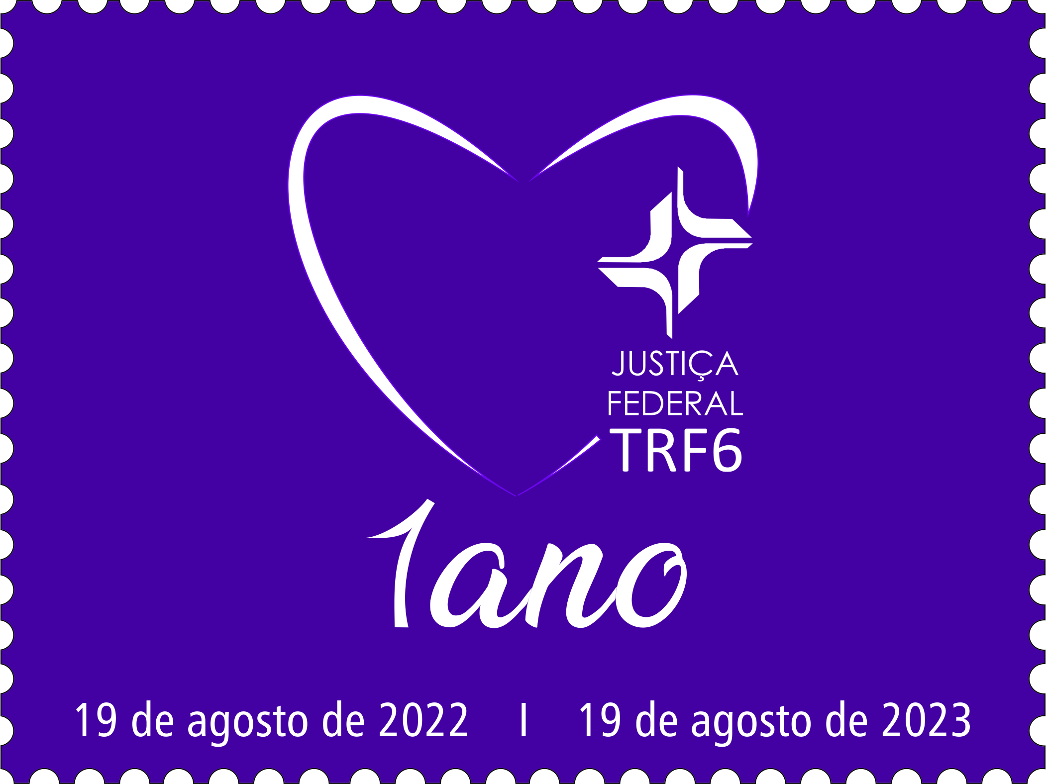 Selo comemorativo do TRF6 que tem como elemento central o coração na cor fúcsia. 