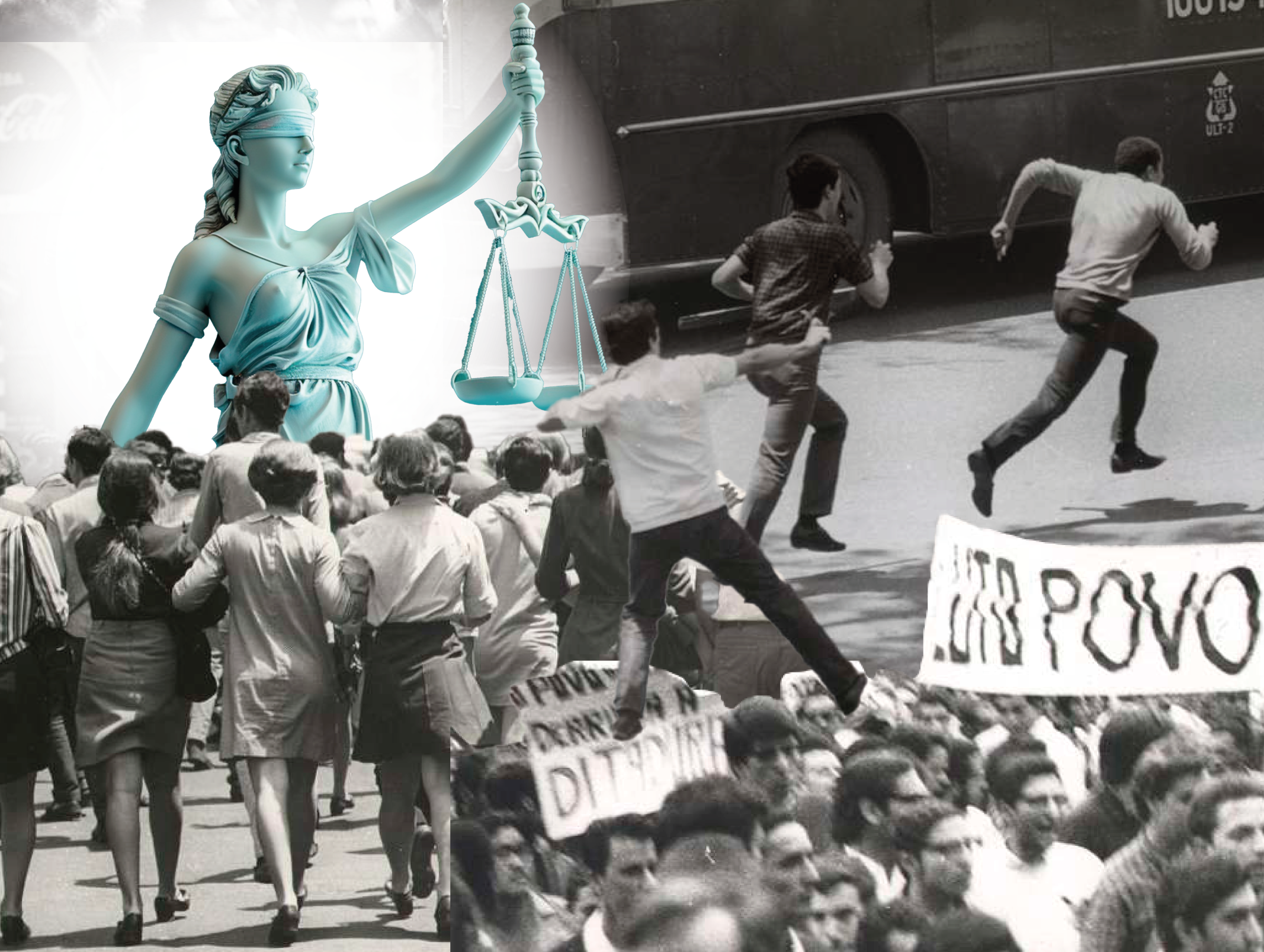 Montagem com imagens de pessoas nas ruas durante os anos 1960. A estátua da deusa Têmis aparece no canto superior esquerdo.