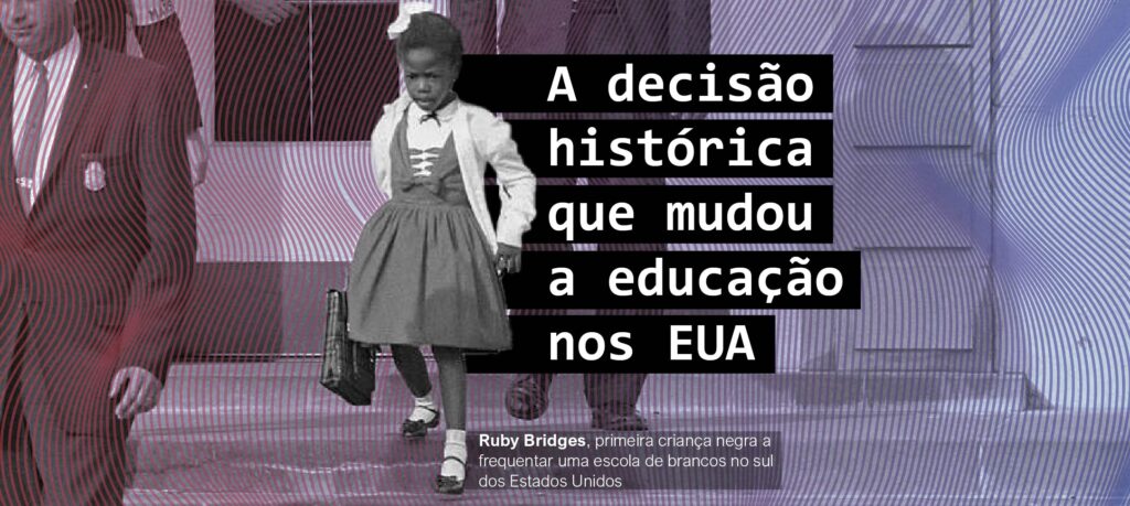 Arte com uma criança negra descendo as escadas com o seguinte texto: A decisão histórica que mudou a educação nos EUA. Ruby Bridges, primeira criança negra a frequentar uma escola de brancos no sul dos Estados Unidos.