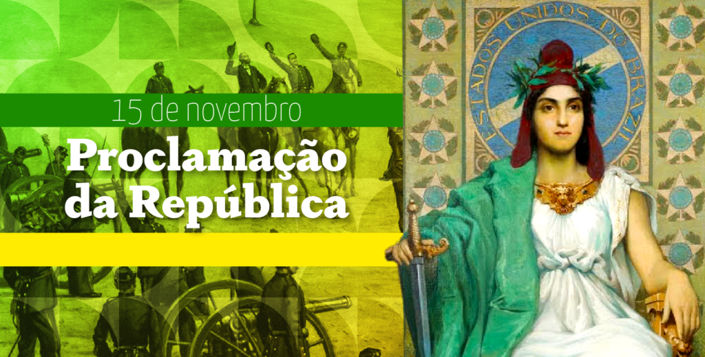 A imagem é uma arte comemorativa para o dia da Proclamação da República, que é celebrado em 15 de novembro. No centro, há uma ilustração de uma figura feminina representando a República, vestida com túnica branca e manto verde, segurando uma espada na mão direita e uma coroa de louros na cabeça. Ao fundo, há imagens históricas de soldados e cavalos em um tom esverdeado.

Transcrição do texto:

"15 de novembro
Proclamação da República"