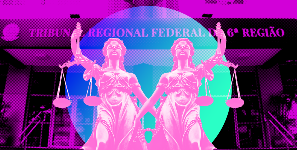 O fundo é composto pela fachada do Tribunal Regional Federal da 6ª Região (TRF6).

No primeiro plano, há duas estátuas da deusa Têmis representando a Justiça na cor fúcsia.

Na parte inferior o texto em letras destacadas e em um fundo azul e rosa, diz: "TRF6 terá duas turmas suplementares para reforçar o julgamento no segundo grau".

No canto superior direito, há o logotipo da do TRF6.
