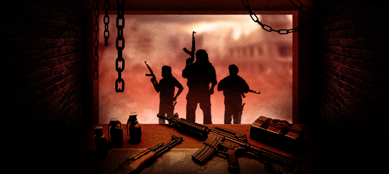 A imagem é uma composição escura e sombria com silhuetas de figuras armadas em um fundo vermelho e esfumaçado. Em primeiro plano, sobre uma superfície, há diversas armas de fogo e granadas. Penduradas do teto, correntes escuras são visíveis nos cantos superiores. As três figuras ao fundo estão em pé, segurando armas, e suas silhuetas são definidas contra a luz vermelha. A atmosfera geral da imagem é de tensão e perigo.