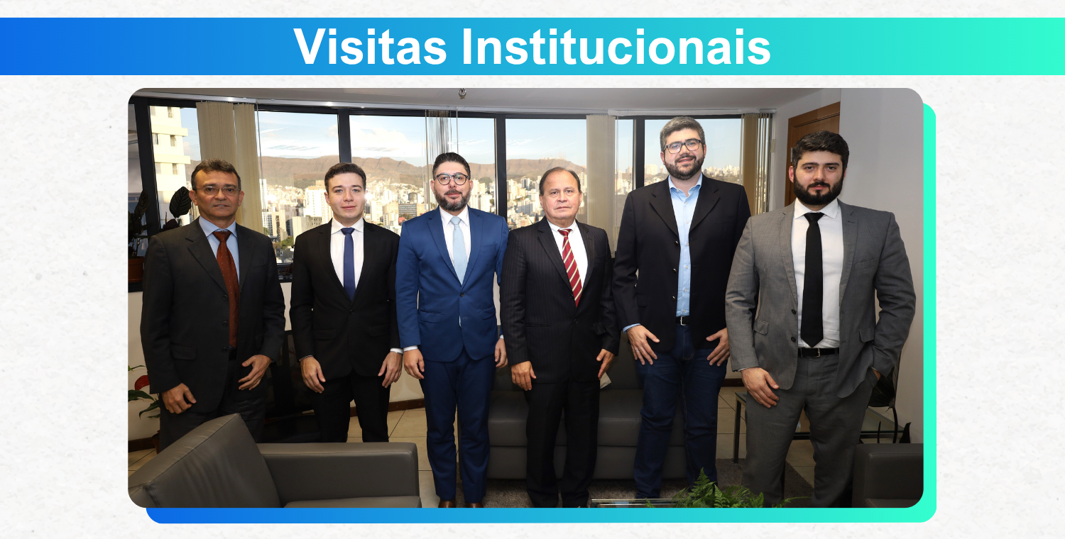 A imagem é um banner com o título "Visitas Institucionais" em cima. Abaixo, há uma foto de seis homens, todos em pé e vestindo ternos, dentro de uma sala com grandes janelas ao fundo. Eles estão posando para a câmera.