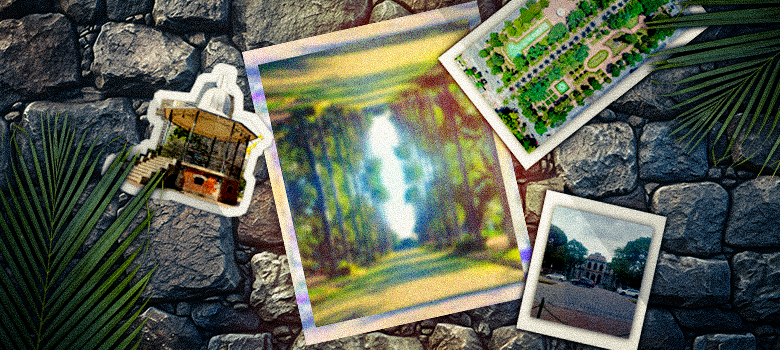 A imagem é uma montagem com fundo de pedras cinzas, que se assemelha a uma parede de castelo ou uma calçada. No canto superior esquerdo, há uma folha de palmeira.

Sobre o fundo, há quatro fotos. A primeira, no canto superior esquerdo, é um desenho de um quiosque. No centro da imagem, há uma foto grande e desfocada, de uma paisagem com árvores, que parece ser um parque ou jardim. No canto superior direito, há uma foto aérea ou de satélite de um parque com jardins bem cuidados, e no canto inferior direito, uma foto de uma rua com carros estacionados, em frente a um prédio antigo.