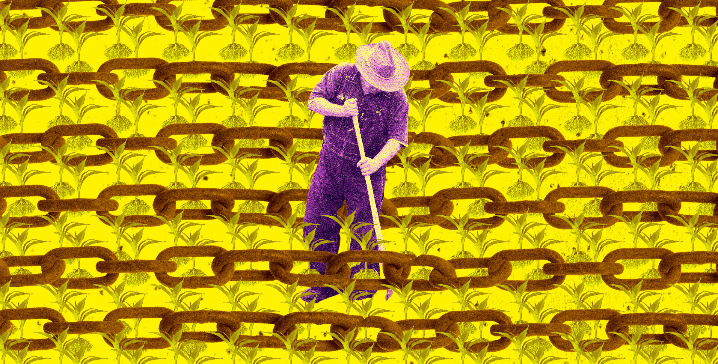 Esta é uma imagem artística com um fundo em tom de amarelo vibrante. No centro, uma figura de um trabalhador com chapéu e roupas roxas está curvada, segurando uma ferramenta. O fundo é coberto por um padrão que se repete, formando fileiras horizontais de plantas verdes e de correntes de metal enferrujadas.