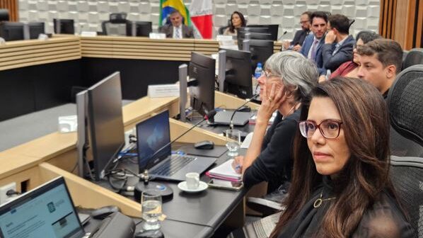 A imagem mostra uma reunião ou audiência em uma sala de conferência. Na frente, em primeiro plano, uma mulher de óculos e cabelo comprido. Atrás dela, uma outra mulher, também de óculos, está com a mão no rosto, prestando atenção.
A sala possui mesas de madeira com vários computadores, microfones e papéis. Ao fundo, é possível ver várias pessoas sentadas e, atrás delas, uma bandeira do Brasil e a bandeira do estado de Minas Gerais.