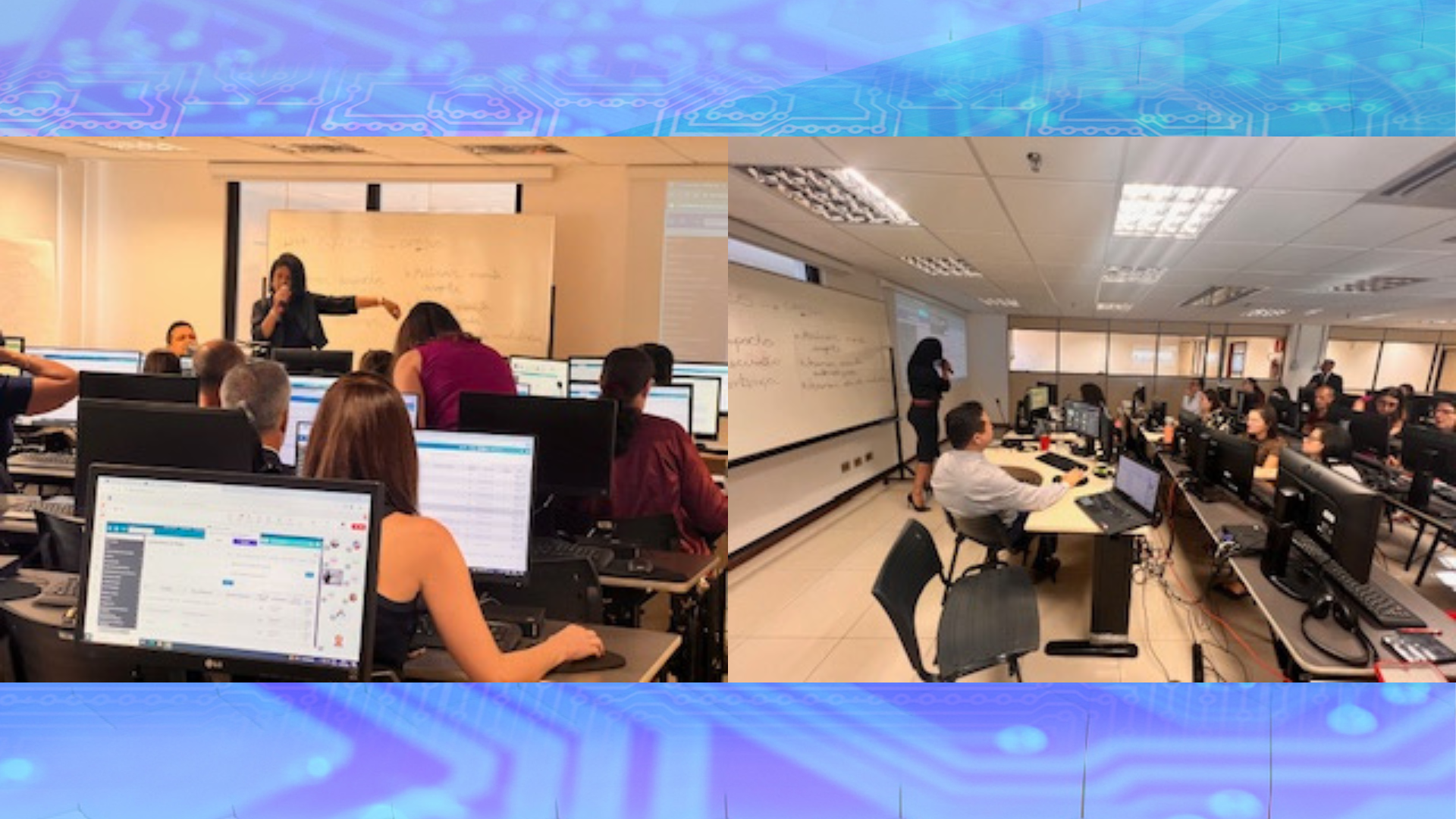 A imagem à esquerda foca em uma sala de aula lotada, onde uma instrutora está em pé, gesticulando em direção aos alunos sentados, que parecem estar focados nas suas telas ou na apresentação próxima a um quadro. 

A imagem à direita mostra um ambiente similar, com fileiras de mesas e computadores. Uma instrutora também está em pé na frente de um quadro branco, enquanto os participantes trabalham nas suas estações.