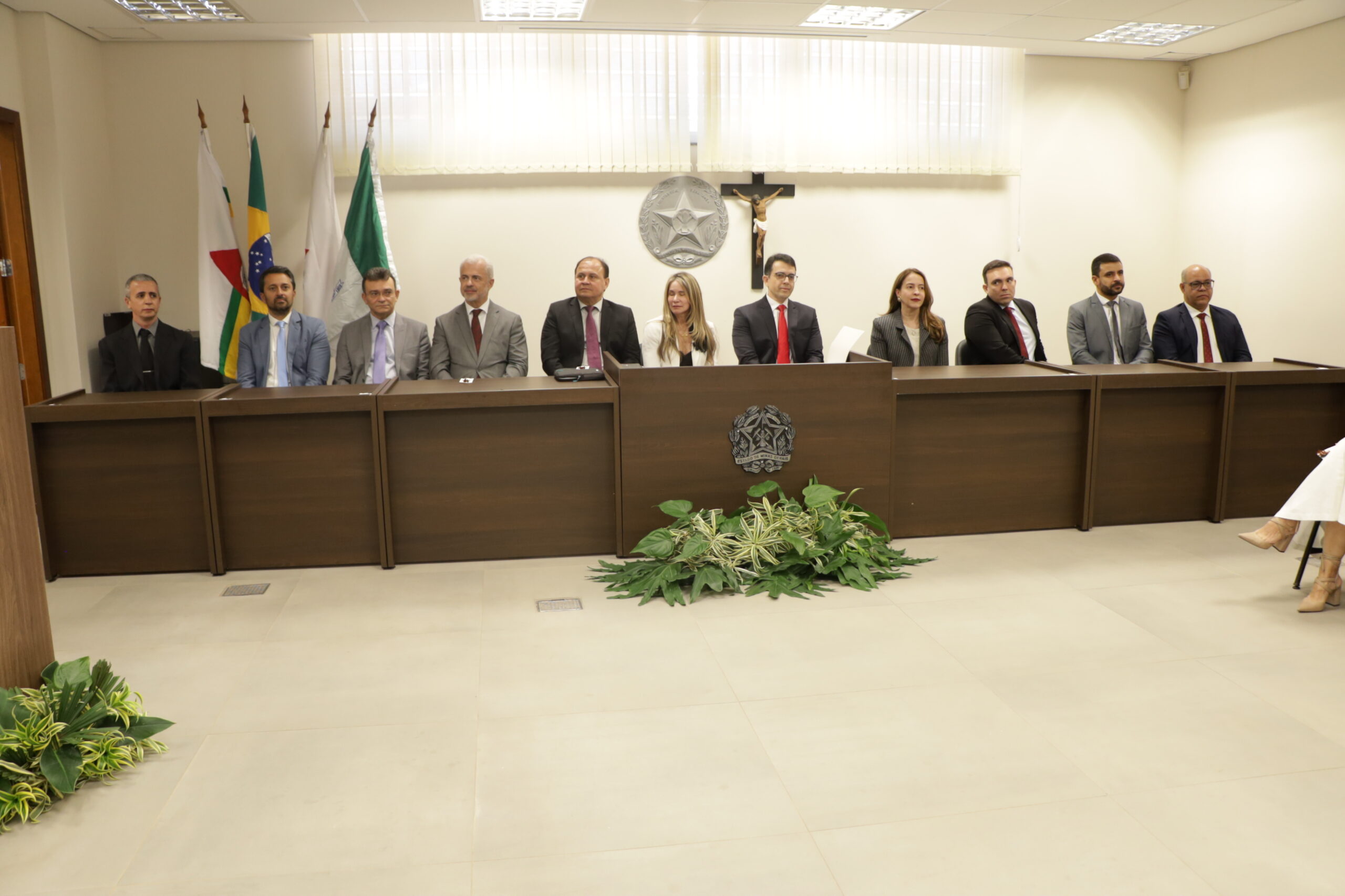 Um painel composto por onze pessoas (nove homens e duas mulheres) em trajes formais está sentado atrás de uma mesa de conferência de madeira escura. Há folhagens decorativas no centro e à esquerda. Na parede, atrás do painel, há um Crucifixo, um símbolo circular e três bandeiras.