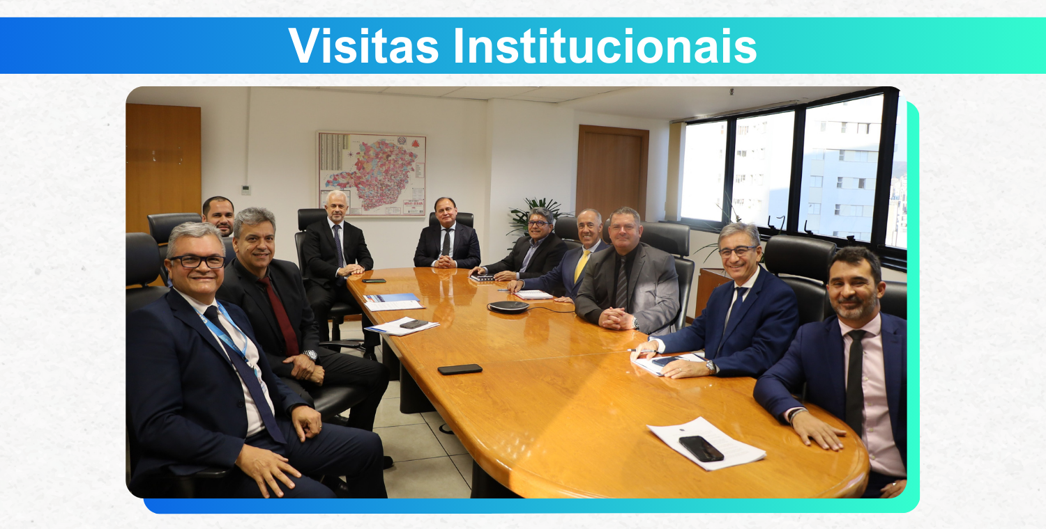 Foto de um grupo de dez homens sentados ao redor de uma grande mesa oval de madeira em uma sala de escritório. Todos os homens vestem trajes formais (ternos e camisas sociais). Há documentos, celulares e um equipamento de conferência na mesa. O fundo inclui janelas com vista para prédios e um mapa na parede. Acima, está escrito "visitas institucionais".