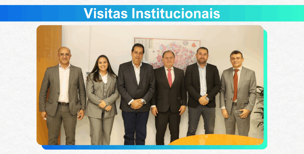 A imagem exibe seis pessoas, cinco homens e uma mulher, em pé lado a lado, em um ambiente interno. Todos estão vestindo trajes formais (ternos ou blazers). A mulher, ao centro-esquerda, veste um terno cinza claro. Ao fundo, em uma parede clara, há um mapa geográfico. A imagem está enquadrada em um design gráfico com as palavras "Visitas Institucionais" na parte superior em uma faixa azul.