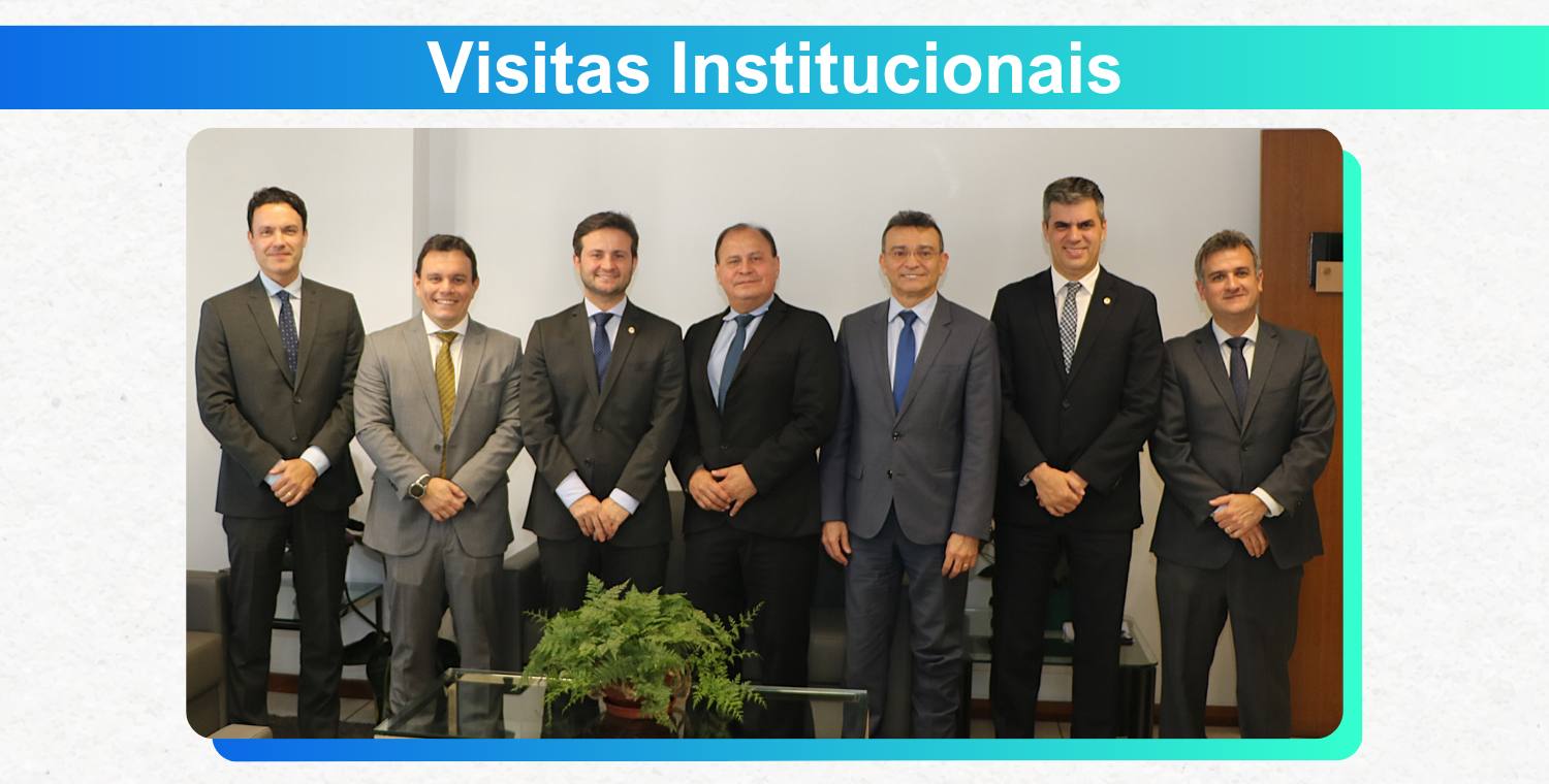 A foto mostra um grupo de sete homens adultos, todos vestidos com ternos e gravatas. Eles estão posando lado a lado em uma sala de reunião, com um vaso de samambaia na frente. Todos os homens olham para a câmera. Na parte superior, sobre um fundo azul e branco, há o título "Visitas Institucionais".