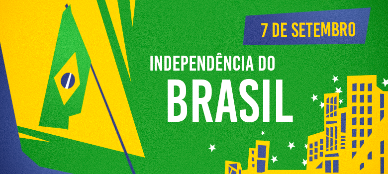 Esta é uma imagem gráfica e colorida em tons de verde e amarelo, cores da bandeira do Brasil. O design apresenta uma bandeira estilizada à esquerda e uma silhueta de edifícios urbanos em amarelo e azul na parte inferior direita. O texto em destaque, na cor branca, celebra a "INDEPENDÊNCIA DO BRASIL". Há também um banner azul-escuro no canto superior direito com a data "7 DE SETEMBRO".