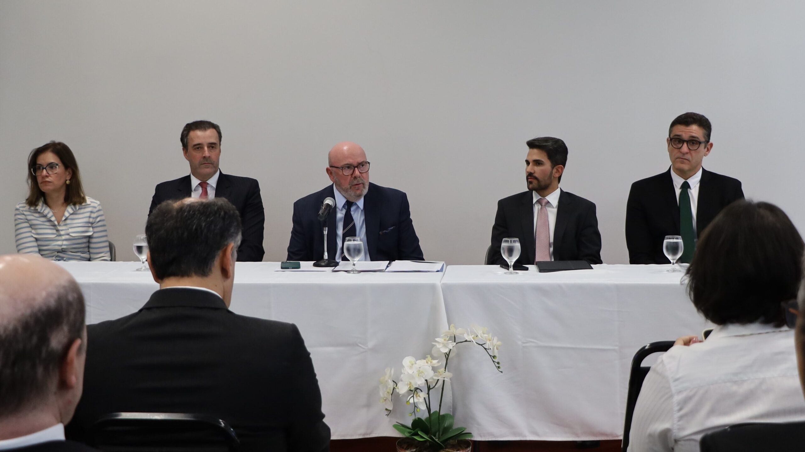 Cinco pessoas (uma mulher e quatro homens) estão sentadas em uma mesa de painel forrada com toalha branca, em um evento formal de conferência ou reunião. O homem no centro, careca e de óculos, está falando ao microfone, enquanto os outros quatro observam. Todos vestem trajes sociais, exceto a mulher que veste uma blusa listrada. Há copos d'água na mesa.

A foto é tirada de frente para o painel, mostrando a parte de trás das cabeças de alguns participantes da audiência no primeiro plano, com um arranjo floral branco na mesa. O fundo é uma parede clara.