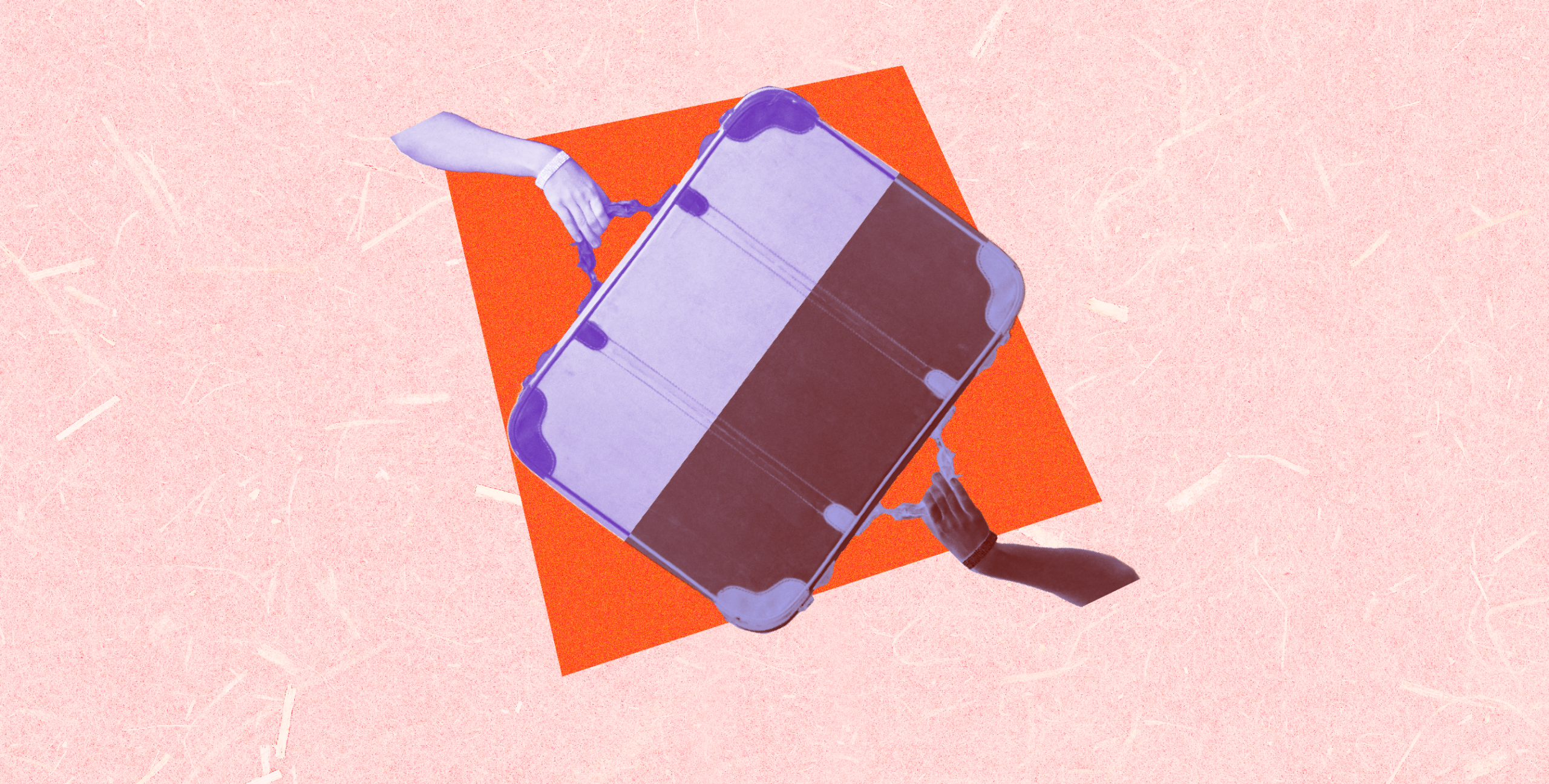 Uma ilustração minimalista apresenta duas mãos em tons de roxo e azul segurando as alças de uma mala quadrada, posicionada diagonalmente sobre um fundo rosa claro com um quadrado laranja centralizado.